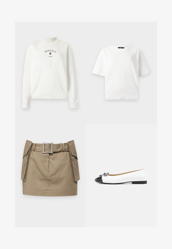 Hvid sweatshirt med lange ærmer med ribstrikket krave, manchetter og kant, med "Margiela 6 EST 1997" trykt i sort på brystet.; Hvid t-shirt med korte ærmer i en afslappet pasform, lavet af glat bomuldsstof, med rund halsudskæring uden synlige mønstre eller accenter.; Khaki miniskørt med et bredt bælte, der har en firkantet sølvspænde, sidelommer og en glat, holdbar stofstruktur.; Hvid ballet-flad sko med sort lak-tåkappe og lille sløjfedetalje, flad sål og lav hæl, vist i profil på hvid baggrund.