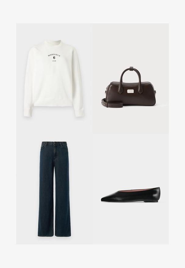 Hvid sweatshirt med lange ærmer med ribstrikket krave, manchetter og kant, med "Margiela 6 EST 1997" trykt i sort på brystet.; Bredde ben mørkeblå denimjeans med høj talje, fem-lomme design og subtile stikninger. Stof har en glat tekstur.; Sort damesko i læder med flad hæl og spids tå, vist fra siden på en ensfarvet lys grå baggrund.; Mørkebrun læderhåndtaske med to håndtag, aftagelig skulderrem og en lille rektangulær sølvfarvet mærkeplade foran.
