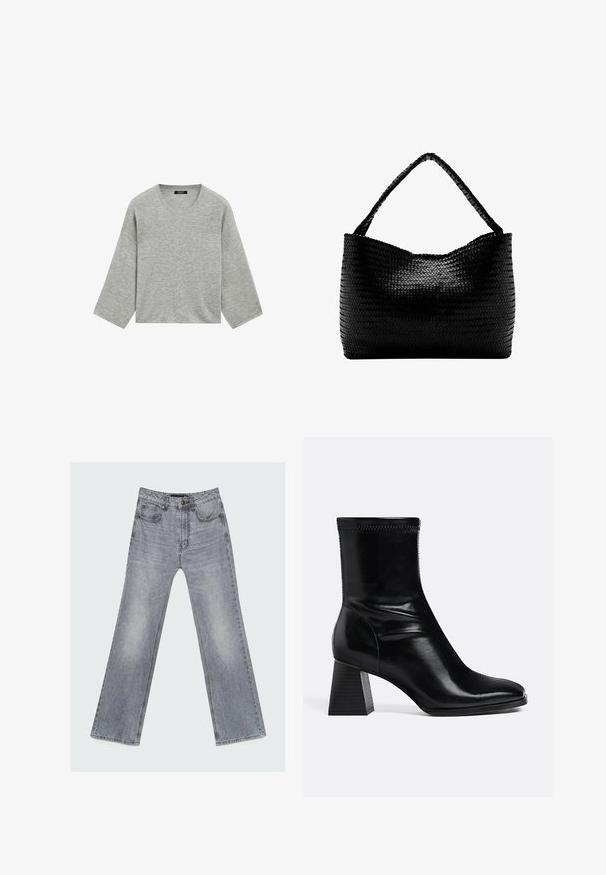 Pull en maille gris clair avec larges manches trois-quarts et col rond, présenté sur fond blanc.; Jean en denim gris délavé, coupe droite, bouton sur le devant, fermeture éclair, design cinq poches, posé à plat sur un fond clair.; Bottine en cuir noir avec talon bloc carré et bout arrondi, vue latérale sur fond clair uni.; Sac à main tissé noir avec une anse unique tressée, forme rectangulaire et surface texturée brillante.