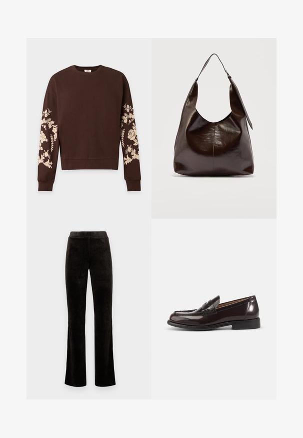 Brun langærmet sweatshirt med lyse beige blomsterprint på begge ærmer og ribstrikkede manchetter og kant.; Sorte flared bukser lavet af blødt, fløjlsagtigt stof. Har en høj talje og en glat overflade uden synlige mønstre eller hardware.; Mørkebrune polerede læder herre penny loafer med lav hæl og syningsdetaljer på hvid baggrund.; Mørkebrunt, skinnende læder skuldertaske med en enkelt bred rem og spændedetalje på den ene side, sat mod en ensartet lys baggrund.