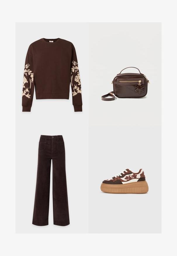 Brun langærmet sweatshirt med lyse beige blomsterprint på begge ærmer og ribstrikkede manchetter og kant.; Mørkebrune kordfløjl bukser med vide ben, forlommer, bæltestropper og knaplukning i taljen.; Platform sneakers med et brunt og cremefarvet camouflage-mønster, kontrasterende lysebrune såler og hvide snørebånd. Overdelen har blandede materialer og teksturer.; Mørkebrun rektangulær læder skuldertaske med top-håndtag, lynlåslomme foran og blomsterformet lædervedhæng på lynlåstrækkeren.