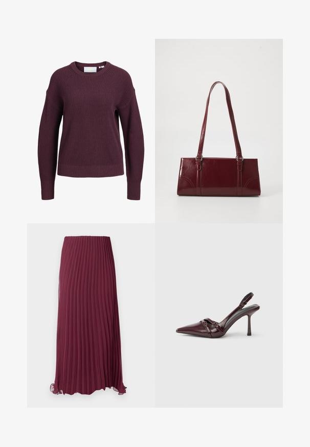 Lila gestrickter Langarmpullover mit gerippten Bündchen, Saum und Rundhalsausschnitt, dargestellt auf weißem Hintergrund.; Langer, bordeauxfarbener, plissierter Rock aus leichtem Stoff mit elastischem Taillenbund und leicht gerafftem Saum. Strukturierte, vertikale Falten im gesamten Rock.; Bordeauxroter Slingback-Pumps aus Lackleder mit spitz zulaufender Vorderkappe, dünnem Knöchelriemen und kleiner dekorativer Schnalle. Glatte Textur und hoher Absatz.; Burgunderfarbene Handtasche aus glänzendem Material, rechteckige Form, mit zwei Schulterriemen und subtilen, geschwungenen Akzenten an der Vorderseite.