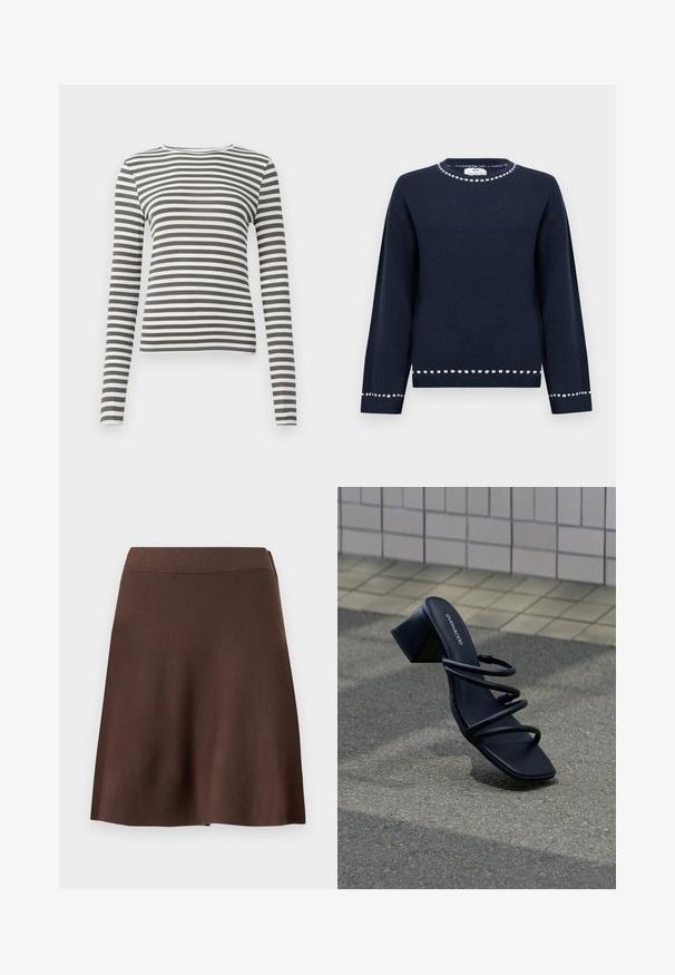 Marineblå sweater lavet af blødt stof med rund halsudskæring, med hvide detaljer langs kraven og kanten, samt lange ærmer.; Langærmet top i olivengrøn og hvide striber. Ribbet tekstur, rund halsudskæring og tætsiddende pasform. Ingen synlige metaldele eller accenter.; Brun A-formet nederdel med elastisk talje, glat strik tekstur og let svaj i kanten mod en ensfarvet lys baggrund.; Sort sandal med firkantet tå, tre tynde stropper og blokhæl på fortov nær flisebelagt væg.