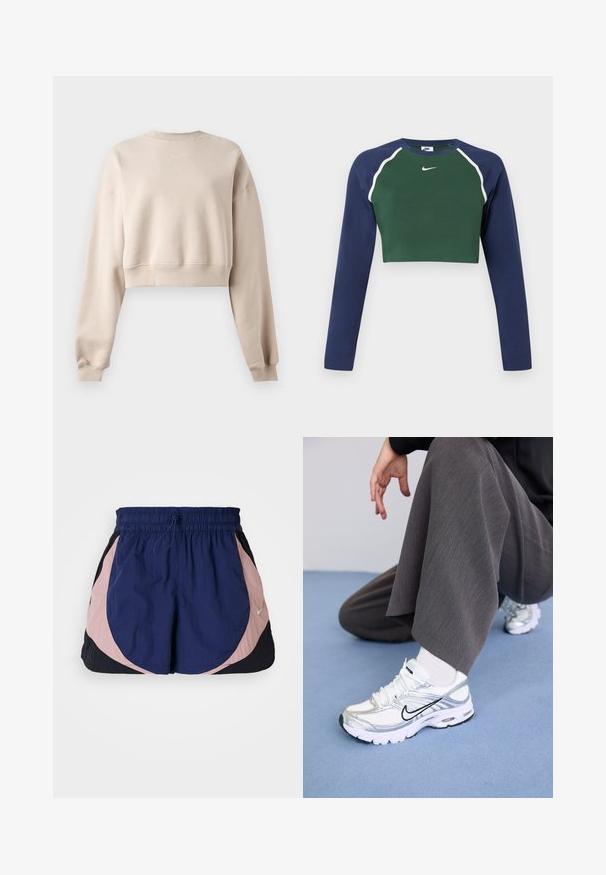 Beige cropped lange mouwen sweatshirt met ronde hals en klein wit Nike-logo gecentreerd onder de kraag.; Korte mouwen cropped sweatshirt met een donkergroene voorkant, marineblauwe mouwen, witte piping en een wit Nike swoosh-logo op de borst.; Nike sportshorts met een elastische tailleband, voorzien van marineblauwe, roze en zwarte panelen. Gemaakt van lichtgewicht, textuurstof.; Witte en zilveren sport schoenen van mesh en synthetische materialen, met zwarte accentlijnen, veters en gestructureerde zolen.
