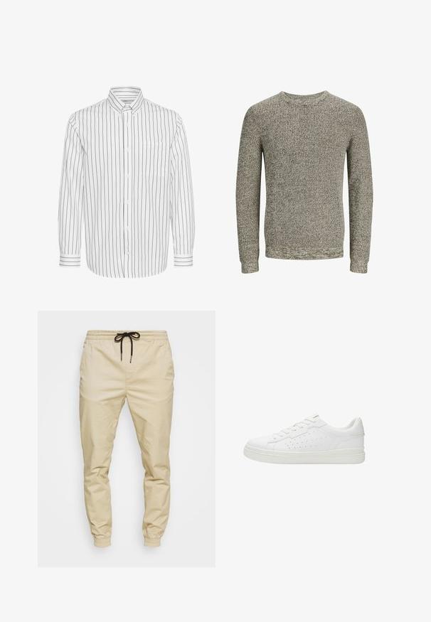 Pullover trui in geschakeerd grijs en beige breiwerk. Heeft een ronde halslijn en lange mouwen met geribde boorden en onderrand.; Witte overhemd met lange mouwen, zwarte verticale strepen, knoopsluiting kraag, enkele borstzak en contrasterende gestreepte manchetten.; Beige joggingbroek met een elastische tailleband en verstelbaar zwart koord. Tapered broekspijpen met elastische boorden, gladde stofstructuur.; Witte leren sneaker met een gladde oppervlakte, ronde neus en geperforeerde zijaccenten. Voorzien van platte veters en een duurzame rubbersole.