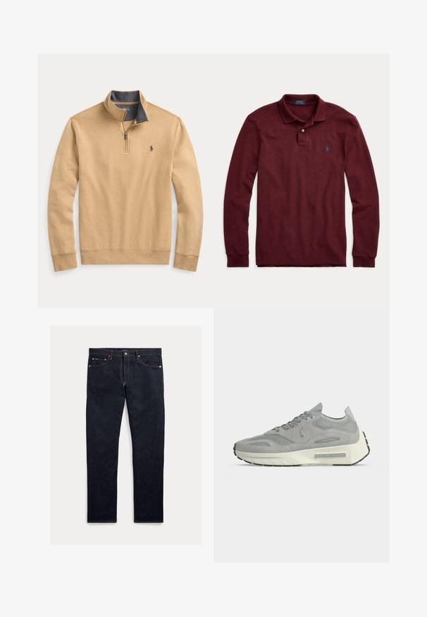 Μπεζ πουλόβερ φούτερ με κολάρο quarter-zip, ναυτικό εσωτερικό και μικρό λογότυπο στο στήθος. Φτιαγμένο από μαλακό ύφασμα από μείγμα βαμβακιού.; Μακρυμάνικη μπορντό πόλο μπλούζα με γιακά, μπροστινά κουμπιά με δύο κουμπιά και μικρό μπλε κεντημένο λογότυπο στο στήθος.; Σκούρο τζιν denim με ίσια κοπή, πέντε τσέπες, πορτοκαλί ραφές και κλείσιμο με κουμπιά. Το ύφασμα έχει λεία υφή.; Γκρι αθλητικό από σουέντ και δίχτυ με λευκή σόλα πλατφόρμας και το λογότυπο Ralph Lauren στο πλάι και στη σόλα, σε θέα από την εσωτερική πλευρά.