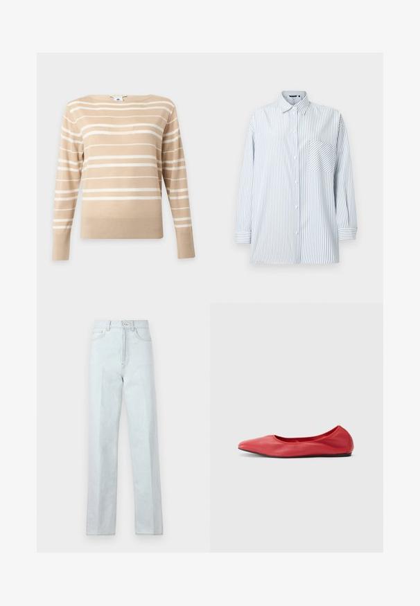 Jersey beige de manga larga con rayas horizontales blancas y cuello redondo sobre un fondo liso y claro.; Camisa abotonada con rayas verticales en azul claro y blanco, mangas largas, bolsillo en el pecho, confeccionada en tela suave y con cuello clásico.; Jeans de mezclilla de tono azul claro, de pierna ancha y con cintura alta, que cuentan con una cremallera frontal, cierre de botón y diseño clásico de cinco bolsillos.; Filippa K REY FLATS - Bailarinas - bright red