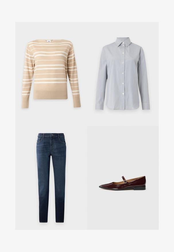 Beige trui met lange mouwen, witte horizontale strepen en een ronde hals tegen een effen lichte achtergrond.; Lichtgrijs shirt met lange mouwen en dunne verticale witte strepen, knoopsluiting aan de voorkant, puntige kraag en bijpassende manchetten, tegen een effen achtergrond.; Donkerblauwe denim jeans met een rechte pasvorm. Kenmerkt zich door een knoop- en ritsluiting, vijf zakken en contrasterende stiksels. Glad textuur.; Bordeaux patentleren Mary Jane ballerina's met een spitse neus, platte hak en een decoratieve band met een ronde gespaccent.
