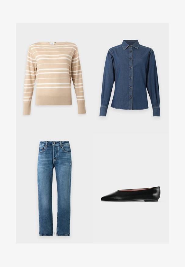 Beige langærmet sweater med hvide horisontale striber og rund hals på en ensfarvet lys baggrund.; Mørkeblå denim skjorte med lange ærmer, knappelukning foran, spids krave og synlige hvide syninger langs sømme og manchetter.; Herre blå denim jeans med lige pasform, fem lommer og knaplukning. Har let falmning og syet detaljer.; Sort damesko i læder med flad hæl og spids tå, vist fra siden på en ensfarvet lys grå baggrund.