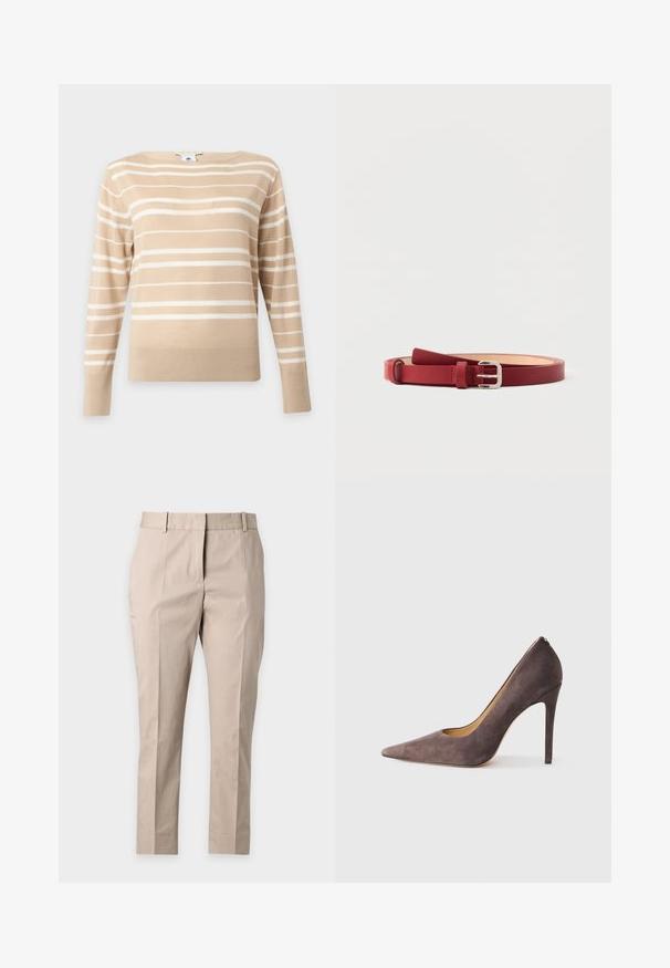 Pull beige à manches longues avec des rayures horizontales blanches et un col rond sur un fond clair uni.; Pantalon beige à coupe droite, sur mesure, avec passants de ceinture et un pli devant sur un fond clair uni.; Escarpin en daim gris à talon haut avec un bout pointu et une silhouette épurée. Présente une finition lisse et un talon étroit pour un look moderne.; Ceinture en cuir rouge avec boucle rectangulaire argentée, extrémité en boucle et texture lisse, présentée enroulée à plat sur fond blanc.
