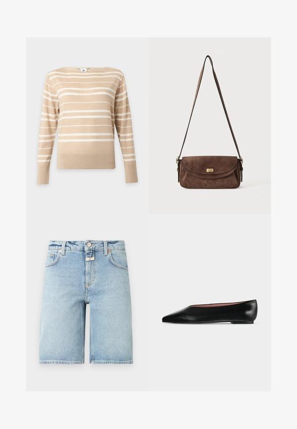 Pull beige à manches longues avec des rayures horizontales blanches et un col rond sur un fond clair uni.; Short en jean bleu clair longueur genou avec bouton à l'avant, fermeture éclair, passants pour ceinture et design à cinq poches.; Chaussure plate en cuir noir pour femme, avec bout pointu et petit talon, vue de côté sur un fond gris clair uni.; Sac bandoulière en daim marron avec une longue sangle réglable et une fermeture à tour dorée sur le rabat avant.