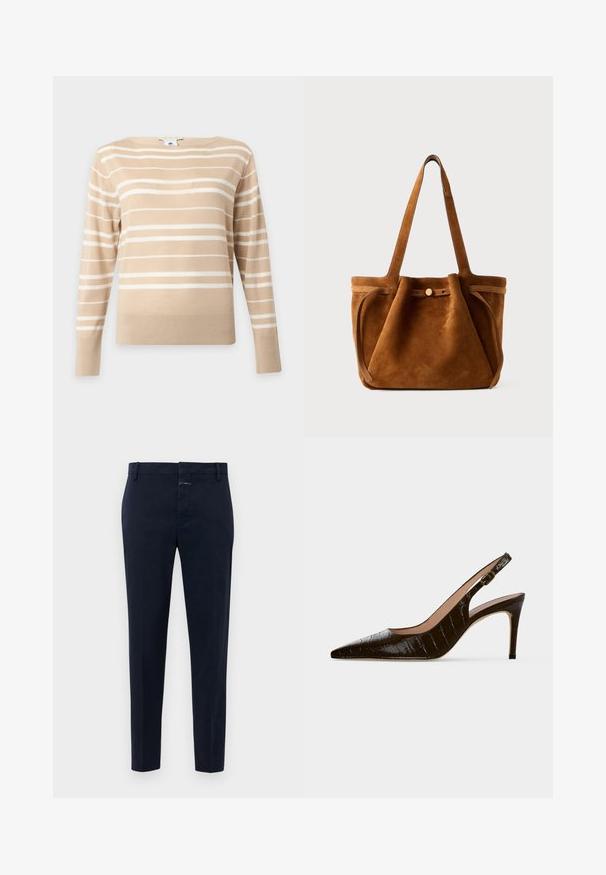 Jersey beige de manga larga con rayas horizontales blancas y cuello redondo sobre un fondo liso y claro.; Pantalones de hombre ajustados de color azul marino con trabillas para cinturón y cierre de cremallera, mostrados sobre un fondo blanco liso.; Zapato slingback de tacón alto marrón oscuro con punta afilada, textura de cocodrilo y pequeña hebilla dorada en la correa.; Bolso tote de ante marrón con asas dobles, una correa de cierre con botón y una forma relajada, ligeramente caída.