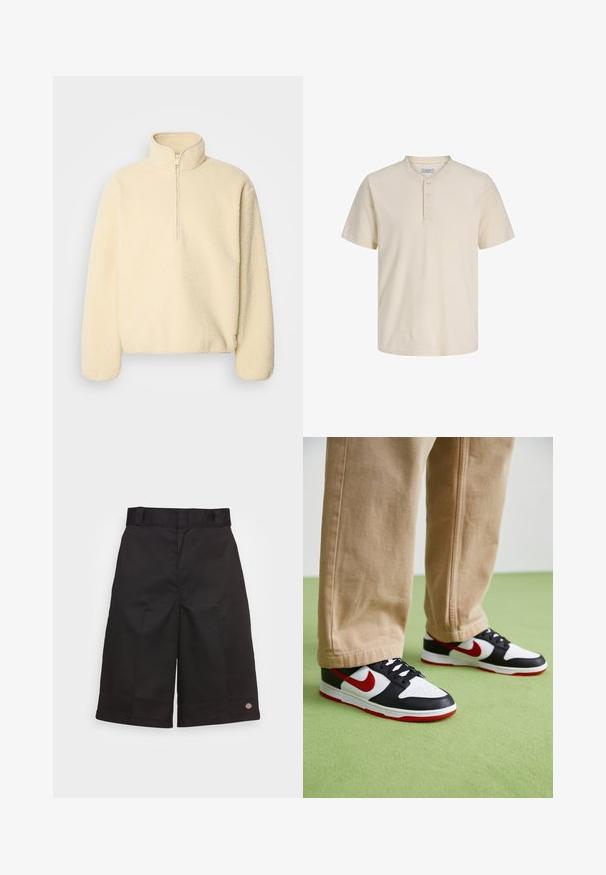 Sudadera de poliéster en color beige con un alto cuello y cierre de media cremallera. Presenta una textura suave y un corte holgado.; Camiseta henley beige de manga corta con cuello redondo y tres botones en la tapeta frontal, mostrada sobre un fondo blanco.; Bermudas de algodón negras de corte recto, hasta la rodilla, con un logotipo visible en el dobladillo y una textura suave.; Las zapatillas Nike Dunk presentan un diseño de cuero negro con acentos rojos y un swoosh blanco. La suela es roja, con una puntera blanca texturizada.