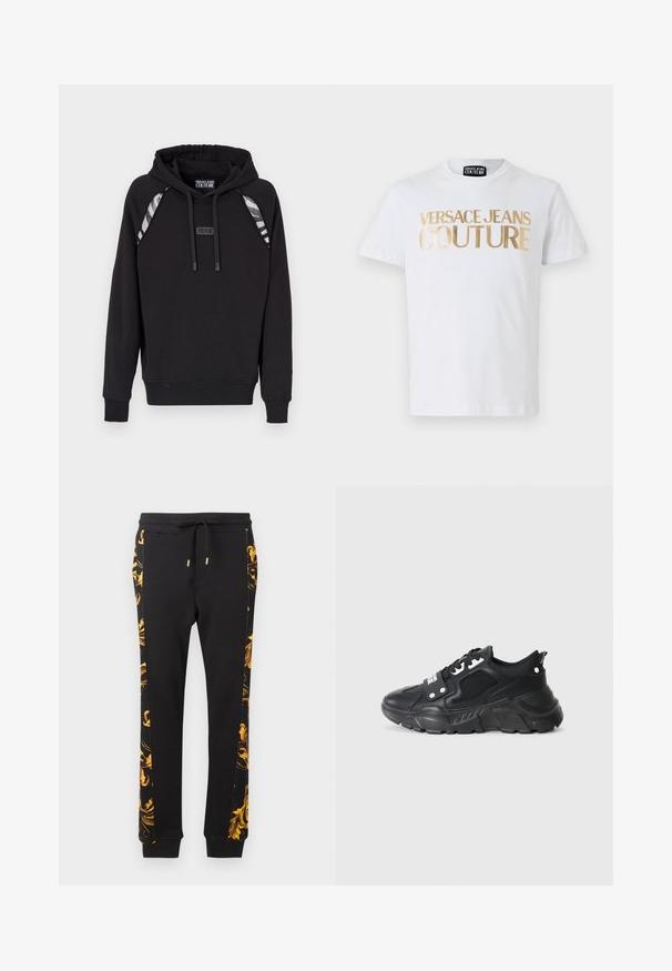 Zwarte hoodie met ribgebreide manchetten en zoom, voorzien van grijs gestreepte accenten op de schouders en een logo-tag op de voorkant. Zachte stoftextuur.; Witte katoenen t-shirt met grote gouden "VERSACE JEANS COUTURE" letters op de voorkant. Ronde hals en korte mouwen.; Zwarte joggingbroek met een gouden bloemenpatroon aan de zijkant, met een getailleerde vorm en elastische boorden. Gemaakt van zacht katoen.; Zwarte sport sneaker met een gestructureerd mesh paneel, dikke rubberen zool, contrasterende accenten en een vetersluiting. Voorzien van een trekband aan de achterkant.