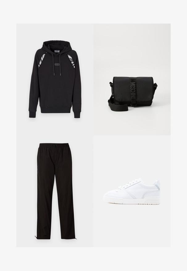 Schwarzer Hoodie mit gerippten Bündchen und Saum, verziert mit grauen Streifenakzenten auf den Schultern und einem Logo-Tag auf der Vorderseite. Weicher Stoff.; Schwarze leichte Hose mit elastischem Bund, Kordelzugverschluss und Reißverschluss am Saum für eine verstellbare Passform. Glatte, elegante Textur.; Weißer Sneaker mit niedrigem Schaft, Schnürverschluss, abgenähten Einsätzen und genoppter Sohle, in Seitenansicht vor einfarbigem Hintergrund gezeigt.; Schwarze Nylon-Crossbody-Tasche mit Klappe, ausgestattet mit einem auffälligen Logo-Gurtverschluss, verstellbarem Tragegurt und seitlichen Steppnähten.