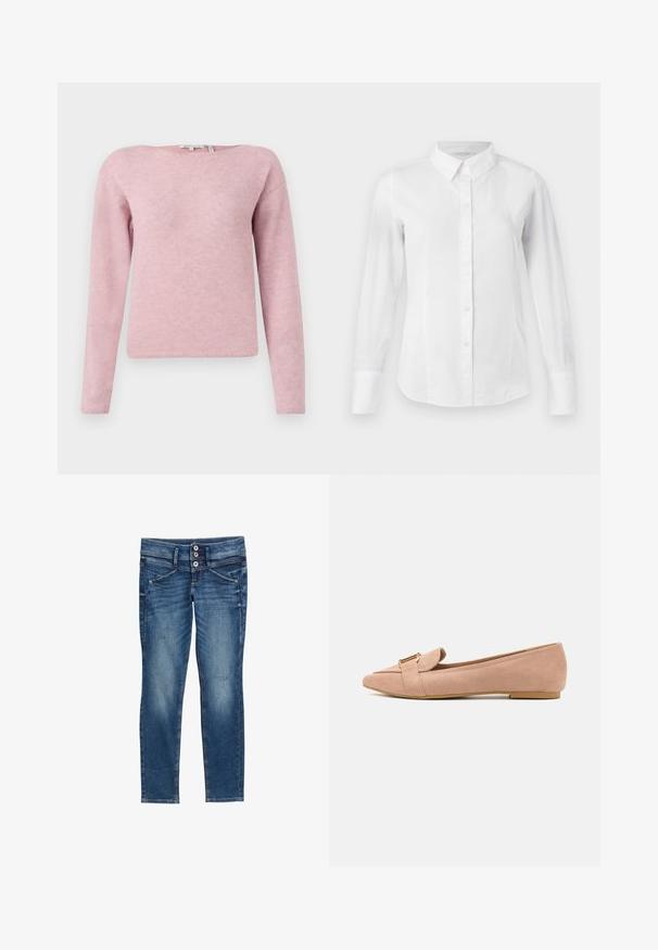 TOM TAILOR DENIM SOFT BOAT NECK - Pullover - antique rose; Chemise blanche à boutons avec manches longues, col classique et coupe ajustée. Tissu en coton lisse avec un léger éclat et sans motifs.; Jean skinny bleu délavé avec fermeture double bouton, poches avant et détails subtils usés sur les jambes.; Ballerines en daim rose pâle avec un bout pointu, comportant un détail replié et un accent de boucle dorée. Semelle basse et plate. Texture lisse.