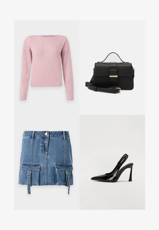 TOM TAILOR DENIM SOFT BOAT NECK - Striktrøje - antique rose; Lysblå denim mini nederdel med høj talje, frontlukning med knapper og to forlommer med justerbare stropper.; Sorte patenterede lædersædler med spidse tæer, slank høj hæl og dobbelt elastisk rem for sikker pasform. Glat, skinnende overflade.; Sort læderhåndtaske med gyldne metalaccenter, rektangulær form, flaplukning, justerbar skulderrem, glat tekstur, minimalistisk design.