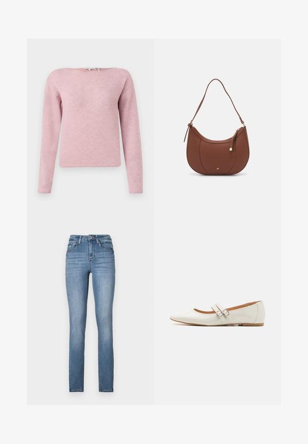 TOM TAILOR DENIM SOFT BOAT NECK - Džemper - antique rose; Heledad sinine teksade kitsad püksid kõrge vöökohaga, viie taskuga, kergete kulumisjälgedega ja kontrastselt õmmeldud detailidega.; Valged lakkkingad terava ninaga, kahe dekoratiivse rihmaga, millel on hõbedased pandlad, ja peene pruuniga tallaga.; Pruun faux nahast õlaline kott, millel on kaarjas kuju, minimaalne õmblemine ja kuldse tooni metallist aksessuaar. Omab ülemist tõmblukku ja reguleeritavat rihma.