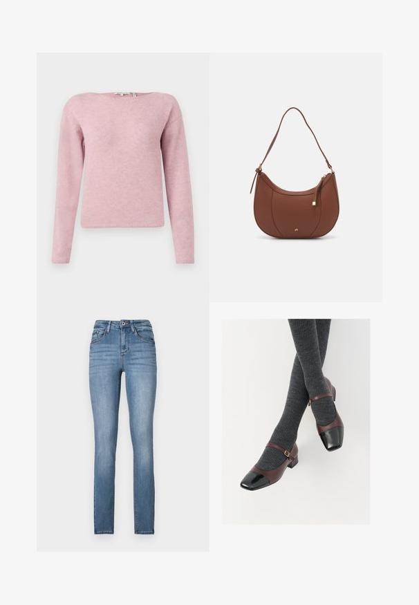 TOM TAILOR DENIM SOFT BOAT NECK - Džemper - antique rose; Heledad sinine teksade kitsad püksid kõrge vöökohaga, viie taskuga, kergete kulumisjälgedega ja kontrastselt õmmeldud detailidega.; Burgundia nahast Mary Jane kingad musta läikiva varbaga ja õhukese pealehüppestrapiga; kantud tumedate hallide soonikkoes sokkidega. Madal ploki konts.; Pruun faux nahast õlaline kott, millel on kaarjas kuju, minimaalne õmblemine ja kuldse tooni metallist aksessuaar. Omab ülemist tõmblukku ja reguleeritavat rihma.