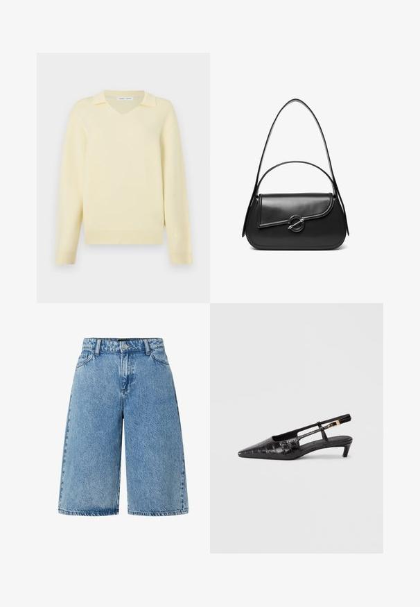 Gul v-hals-sweater med en struktureret krave, lavet af blødt materiale, med lange ærmer og ribbet kantdetalje.; Lysblå denimshorts med en bred skæring, standard fem-lomme design og et struktureret stof med en falmet finish.; Sort læder slingback sko med spidse tæer og krokodillemønster, lille stablet hæl og justerbar rem med metal spænde detaljer.; Sort skuldertaske i læder med en buet klap, der er fastgjort med en rund metal spænde, og en slank, justerbar rem.