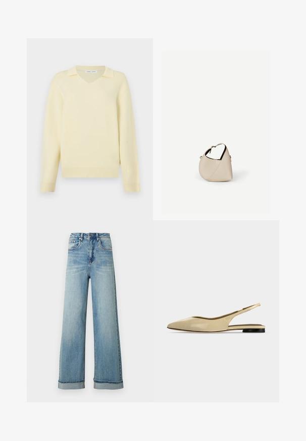 Pull jaune à col en V avec un col structuré, fabriqué en matériau doux, doté de manches longues et de détails côtelés à l'ourlet.; Jean en denim bleu clair à jambes larges et taille haute, doté de cinq poches, d'une braguette zippée et d'ourlets retroussés. Le tissu présente une texture légèrement usée.; Chaussure plate beige à bout pointu avec bride arrière, petit talon noir et finition en cuir lisse, vue de côté sur un fond uni.; Sac à main en cuir beige en forme de croissant avec une seule bandoulière et des coutures minimalistes, posé sur un fond blanc uni.