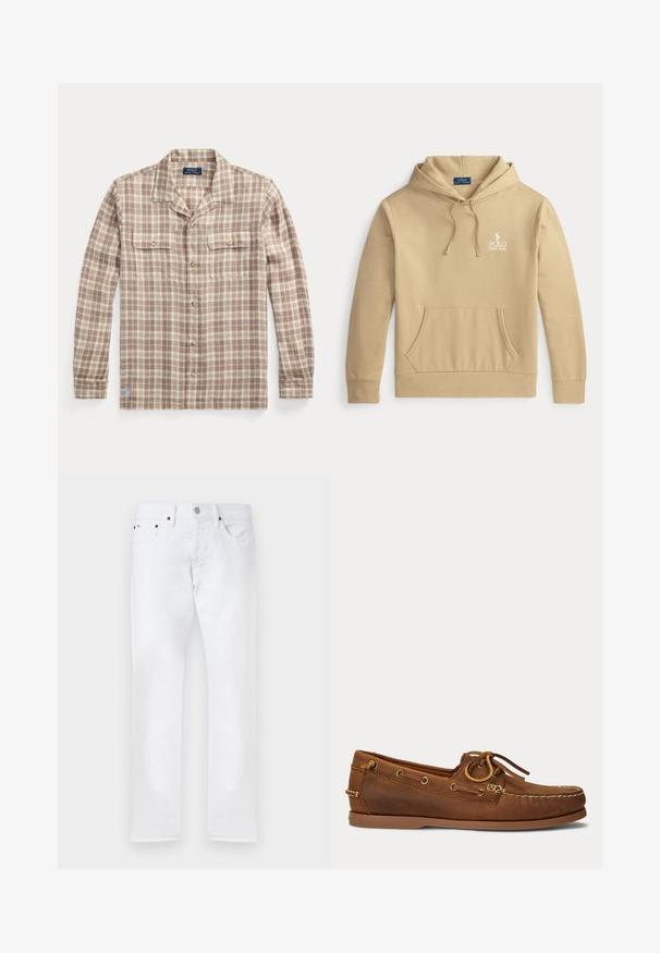Beigefarbener Kapuzenpullover mit Fronttasche und Polo Ralph Lauren Logo auf der linken Brust.; Beige-weiß kariertes Hemd mit langen Ärmeln, Knopfleiste, Kragen und zwei Brusttaschen, Polo Ralph Lauren Etikett sichtbar innen am Kragen.; Weiße Slim-Fit-Jeans mit fünf Taschen, Knopfverschluss und Gürtelschlaufen, flach auf weißem Hintergrund dargestellt.; Brauner Leder-Bootsschuh mit Mokassin-Naht, Schnürdetail durch Metallösen und flacher Gummisohle, seitliche Ansicht.