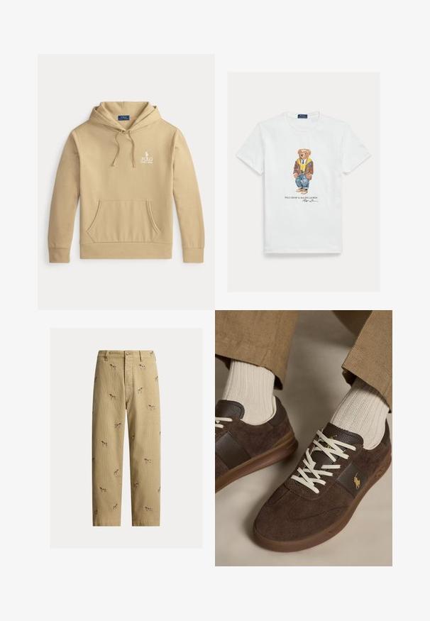 Sudadera beige con capucha, bolsillo frontal tipo canguro y logo de Polo Ralph Lauren en el pecho izquierdo.; Camiseta blanca de algodón con una imagen gráfica de un oso de dibujos animados vestido. Detalles destacables incluyen una chaqueta marrón, una sudadera con capucha amarilla y vaqueros azules.; Pantalones de pana beige con diseños bordados de perros, corte recto y estilo de cinco bolsillos con cierre de botón frontal.; Zapatillas de ante marrón con cordones blancos, usadas con calcetines beige con canalé y pantalones marrón claro.
