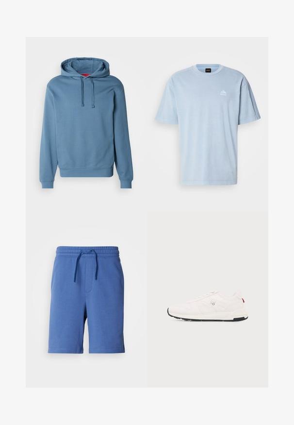 Sweat à capuche bleu en tissu de coton doux. Comprend une capuche avec cordon de serrage, des poignets et un ourlet côtelés, avec un logo discret embossé sur la poitrine.; T-shirt en coton bleu clair avec un col rond, des manches courtes et un petit logo blanc sur la poitrine gauche. Texture douce et coupe décontractée.; Shorts en coton bleu avec une taille élastique, cordon de serrage et poche latérale. Texture lisse, design à longueur de genou, détail de marque minimal.; Baskets blanches basses avec des accents noirs sur la semelle et le logo "HUGO" sur le côté, vues de l’extérieur sur un fond uni.