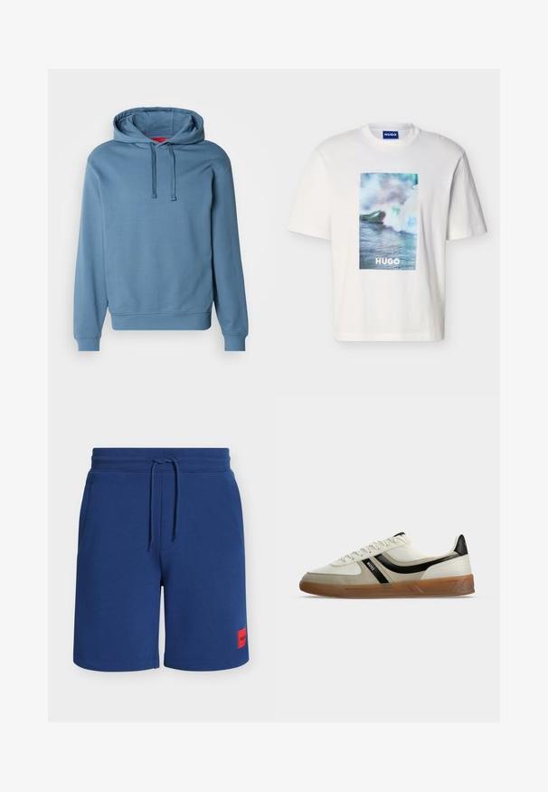 Sweat à capuche bleu en tissu de coton doux. Comprend une capuche avec cordon de serrage, des poignets et un ourlet côtelés, avec un logo discret embossé sur la poitrine.; T-shirt blanc à manches courtes avec un motif de vague océanique en bleu, vert et blanc et le texte "HUGO" centré à l'avant.; Shorts décontractés pour homme bleu marine avec taille élastique, cordon de serrage, poches latérales et petit écusson de marque rouge sur la jambe gauche.; Baskets basses blanches et beiges avec détail de rayure noire, semelle en caoutchouc marron et logo BOSS sur le côté, photographiées sur fond blanc.