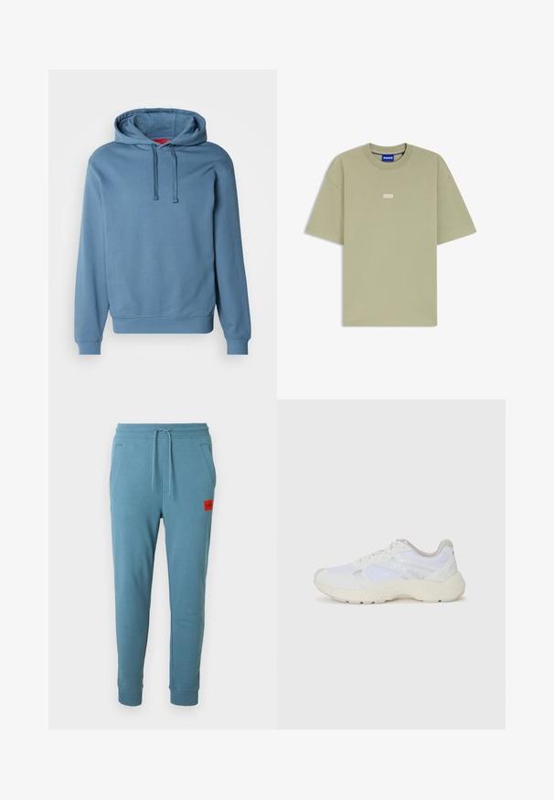 Sweat à capuche bleu en tissu de coton doux. Comprend une capuche avec cordon de serrage, des poignets et un ourlet côtelés, avec un logo discret embossé sur la poitrine.; T-shirt vert olive clair à manches courtes avec col rond et petit logo blanc "HUGO" centré sur la poitrine.; Pantalon de jogging bleu clair avec taille à cordon, poches latérales et patch logo rouge sur la hanche gauche. Poignets côtelés aux chevilles.; Baskets de sport blanches en mesh et en daim, avec une semelle intermédiaire texturée, des accents texturés et le logo "HUGO" sur le côté.