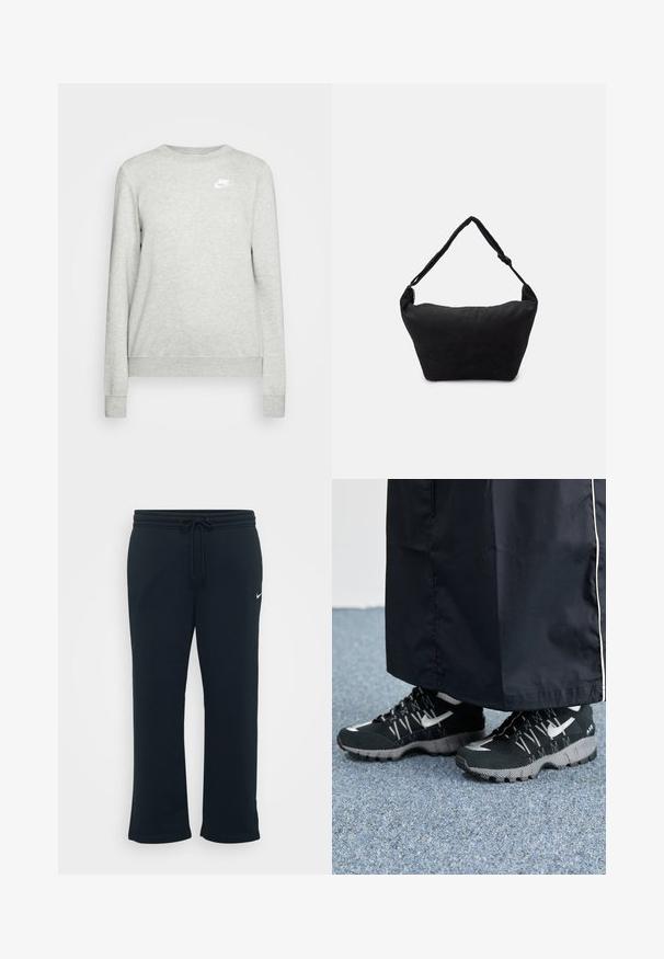 Hallhõlmik, mis on valmistatud puuvillasegistusest, koos ümmarguse kaeluse, ribatud mansettide ja väikese valge Nike logoga vasakul rinnal. Lihtne disain.; Mustad mustad koos elastse vöökohtaga ja reguleeritava paelaga. Vasakul küljel on väike valge Nike logo. Pehme kangast tekstuur.; Mustad mustrehilised mustad spordijalatsid, millel on tekstuurne pealmine osa, hõbedased aktsendid ja mustriga tallaosad, koos musta pika riietusega. Seatud sinise vaiba taustale.; Must mustriga mustriga kott musta kangast, pehme tekstuuriga pinnaga, ümar kuju ja ühe rihmaga. Minimalistlik disain, ilma nähtava riistvara või aktsentideta.