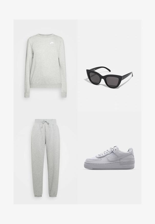Grå sweatshirt lavet af bomuldsblanding, med rund hals, ribbede manchetter og et lille hvidt Nike-logo på venstre bryst. Simpelt design.; Grå sweatpants med elastisk talje, justerbar snøre og ribbede manchetter. Lavet af blødt stof; har to sidelommer.; Grå Nike Air Force 1 sneakers med perforeret tå, glat læderoverdel, tyk sål og præget 'AIR' detalje på hælen.; Sorte cat-eye solbriller med mat finish, der har grå tonede linser, skarpe vinkler og slanke sidearme. Mærkenavnet er synligt på den indre arm.
