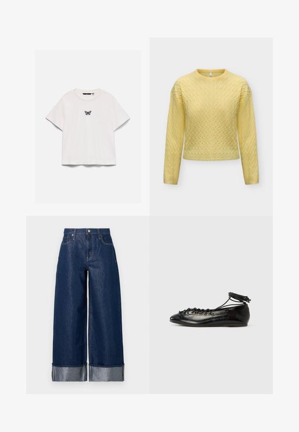 Pull jaune à manches longues en maille torsadée avec un col rond et une coupe légèrement courte.; T-shirt blanc à manches courtes avec col rond et petit motif papillon violet et noir centré sur la poitrine.; Jean large en denim bleu foncé à taille haute, design à cinq poches, et revers pliés dévoilant le tissu intérieur plus clair.; Ballerines en cuir verni noir avec un bout rond, un design à lacets et une semelle plate. Texture lisse avec peu de détails.
