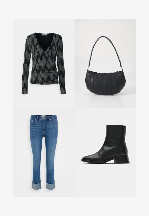 Colourful Rebel FAKE WRAP - Striktrøje - black; Blå denim jeans med forlommer, knaplukning og oprullede bukseben på en ensfarvet lys baggrund.; Sort ankelstøvle lavet af blank læder, med et strømlinet design, spids tå og en moderat blokhælhøjde for stabilitet.; Sort læderhåndtaske med en buet form, bølgende syningsdetaljer og en sølvfarvet kædestrop. Glat tekstur, kompakt størrelse.