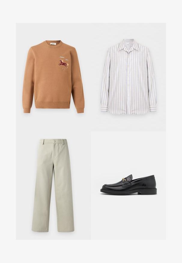 Svetlohnedý sveter s dlhým rukávom a okrúhlym výstrihom s vyšívaným motívom bežiaceho koňa, modrými vírmi a malým kvetinovým vzorom na hrudi.; Košeľa s dlhými rukávmi na gombíky s vertikálnymi béžovými, bielymi a svetlomodrými pruhmi, s ostrým golierom a gombíkovými manžetami.; Han Kjøbenhavn WIDE LEG - Nohavice - light grey; Čierne kožené loafers so zaoblenou špičkou, s pozlátenými kovovými prvkami a detailným šitím, uložené na nízkej, textúrovanej gumenej podrážke.