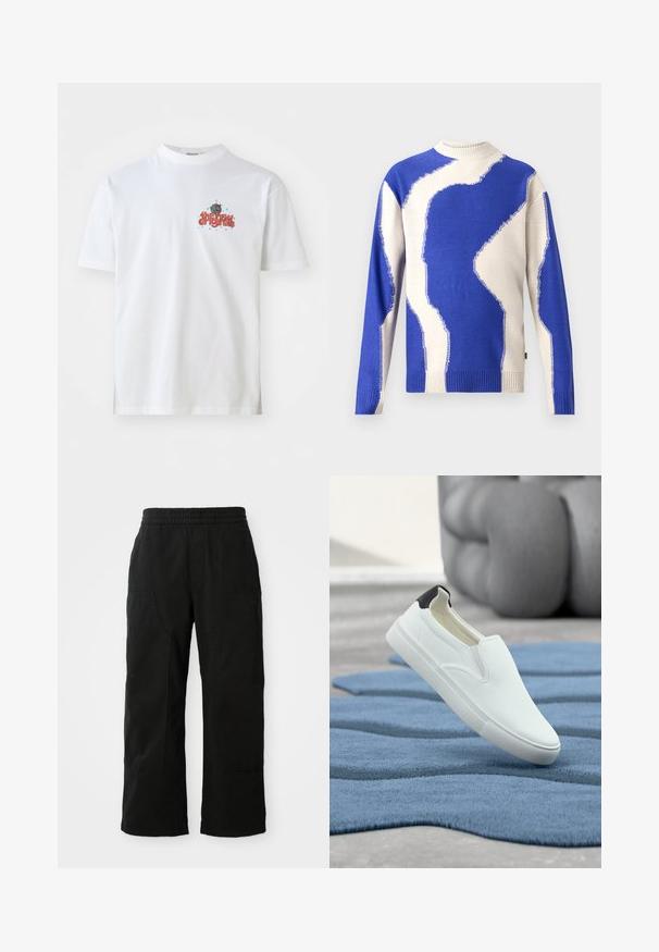 Strikket sweater med blå og cremefarvet zigzag-mønster, ribbede kanter ved hals og kant, kontrasterende teksturer og synlige søm-detaljer.; Hvid bomulds t-shirt med teksten "the new originals" i rødt og blå stjerner, rund hals og korte ærmer.; Sorte bomuldsbukser med elastisk talje, vid bendesign og store sidelommer. Stoffet virker blødt med en glat tekstur.; Hvid slip-on sko med tekstureret overflade, kontrastfuld sort hæl, flad gummisål og strømlinet design, placeret på et blåt tæppe.