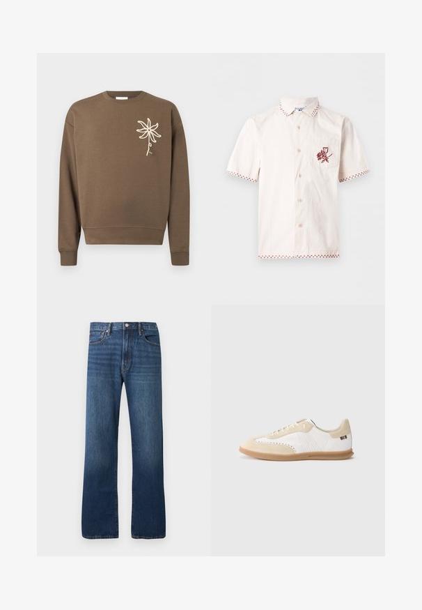 Sweat-shirt marron à col rond avec manches longues et un motif de fleur blanche brodée sur la poitrine gauche.; Chemise crème à manches courtes avec bordure rouge en point de croix sur le col, les manches et l'ourlet, et broderie d'une rose rouge sur la poche poitrine gauche.; Jean en denim bleu droit avec un design classique cinq poches et une fermeture par bouton sur un fond clair uni.; Baskets blanches avec accents en daim beige clair, détails perforés, lacets plats et semelle en caoutchouc naturel. Présentent un logo rayé sur le talon.