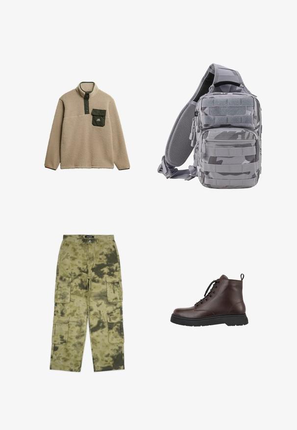 Beige fleece-pullover med høj krave, grøn trykknap-lukning og brystlomme. Materialet har en blød, struktureret overflade. Bjerglogo på lommen.; Kamptanter i camouflage mønster, med flere sidelommer, lavet af slidstærkt stof, i nuancer af grøn og brun.; Brun læder ankelstøvle med rund tå, snørebåndsdesign, sort gummisål og trækstrop ved hælen. Glat overflade og minimale syninger.; Brandit US COOPER EVERYDAYCARRY-SLING - Skuldertasker - blizzard camo