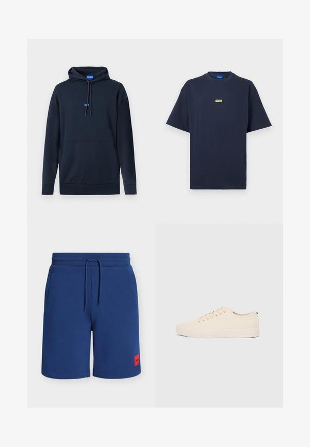 Sweat à capuche bleu marine avec poche frontale, capuche à cordon, poignets et ourlet côtelés, et petit logo "HUGO" bleu sur la poitrine et à l'intérieur du col.; T-shirt bleu marine à manches courtes avec un petit logo rectangulaire beige portant l'inscription "HUGO" centré sur la poitrine.; Shorts décontractés pour homme bleu marine avec taille élastique, cordon de serrage, poches latérales et petit écusson de marque rouge sur la jambe gauche.; Baskets en toile beige avec bout arrondi, semelle en caoutchouc plate et lacets à l'avant. Présente un design minimaliste et un accent noir contrastant au niveau du talon.