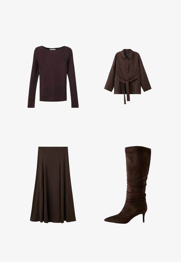 Mørkebrun ribstrikket langærmet sweater med rund halsudskæring, tætsiddende pasform og en glat, tekstureret strikket mønster.; Mørkebrun langærmet jakke med krave, to knapper og et matchende bælte i stof bundet om taljen.; Brun, gulvlængde nederdel lavet af blødt, glat stof. Har subtile plisseringer, et simpelt design og en elastisk talje for komfort.; Brune ruskind knæhøje støvler med spidse tåer og en slank hæl. Designet har en samlet tekstur nær toppen for ekstra detaljer.
