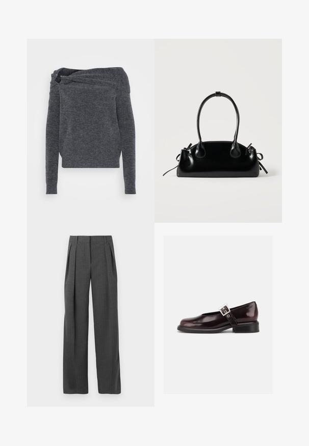 Grijze gebreide trui met een off-the-shoulder ontwerp, lange mouwen en een gestructureerd oppervlak. Een unieke twistdetail bij de halslijn.; Grijze op maat gemaakte broeken met een wijdbeenontwerp, geplooide voorkant en een gestructureerde stof, met een nette afwerking en zonder zichtbare hardware.; Enkele glanzende donker bordeauxrode Mary Jane schoen met brede band en zilveren gesp, lage blokhak en afgeronde neus op witte achtergrond.; Kleine zwarte glanzende handtas met twee lange hengsels en zijkant trekkoord details op een effen lichte achtergrond.