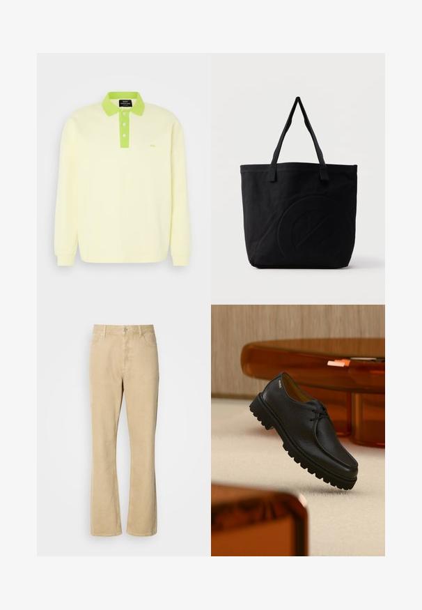 Polo-shirt à manches longues jaune clair avec un col vert et une patte de boutonnage. Présente un logo subtil "MN" sur la poitrine. Matériau en coton doux.; Pantalons en velours côtelé beige évasés avec une fermeture à bouton et à fermeture éclair, comportant cinq poches et des coutures visibles le long des jambes. Texture lisse.; Chaussure à lacets en cuir noir texturé avec une semelle épaisse à rainures, marquée "HUGO" près du talon, présentée sur un tapis beige et un mobilier ambre.; Sac fourre-tout en toile noire avec deux bandoulières et un motif circulaire discret en relief sur le devant.