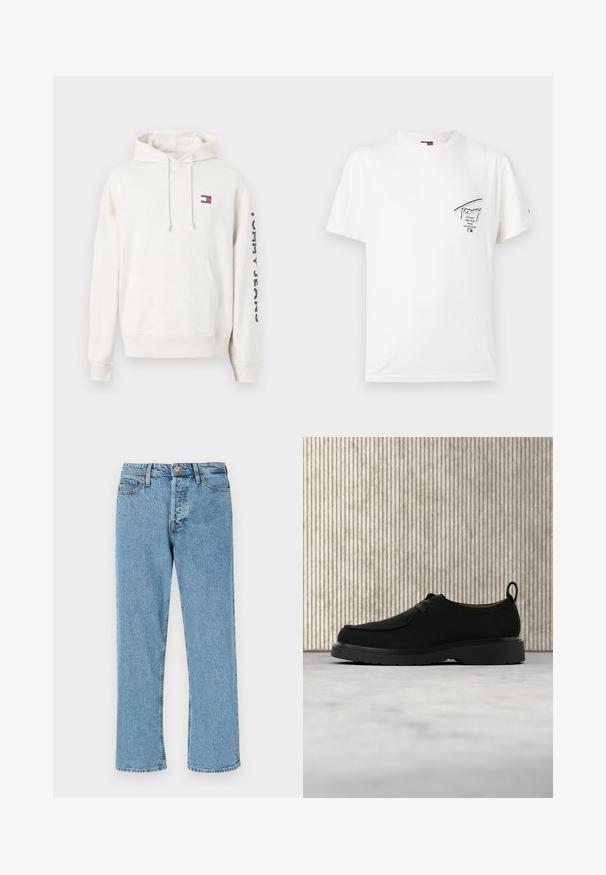 Kermanvärinen huppari, joka on valmistettu pehmeästä kankaasta. Siinä on etutasku, säädettävä nyörikapuze ja "TOMMY JEANS" -logo hihassa.; Valkoinen puuvillapaita, jossa on pyöreä kaula-aukko. Vasemmassa rinnassa on musta grafiikkapaino, jossa on tekstiä ja pieni logon yksityiskohta.; Vaaleansiniset suorat farkut, joissa etunappi, vetoketjukiinnitys ja viisi taskua, valkoisella taustalla.; Musta nahkainen rento kenkä, jossa nauhat, paksu pohja ja vedettävä lenkki, ilmassa keskitasolla beigenvärisen maton yllä, taustalla pyöreitä ruskeita huonekaluja.