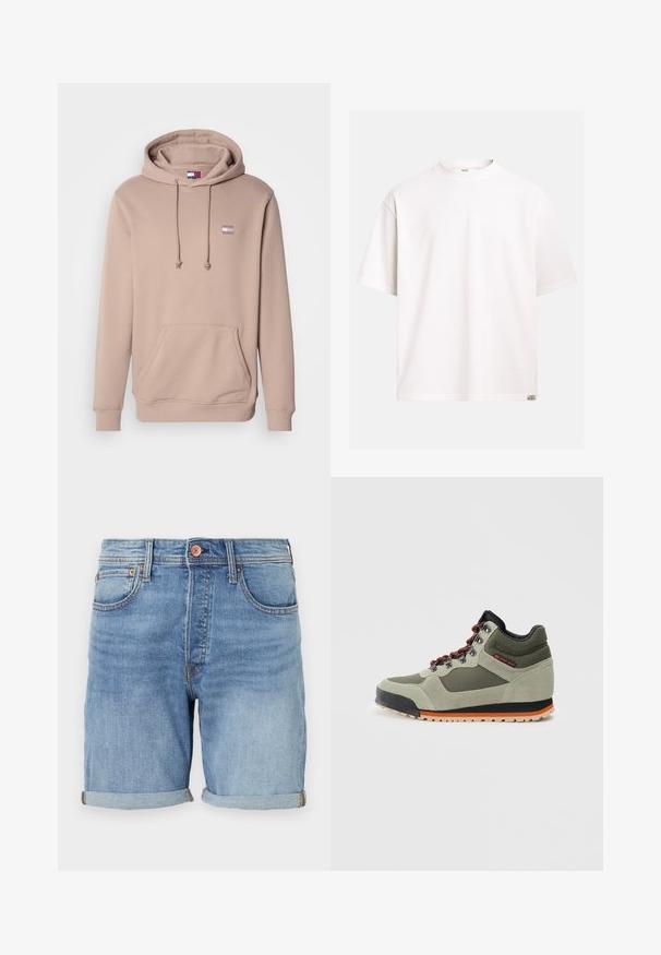 Beige Kapuzenpullover mit einer Vordertasche, verstellbaren Kordeln und einem kleinen Logopatch auf der Brust. Weiches Material mit gerippten Bündchen und Saum.; Schlichtes weißes T-Shirt mit kurzen Ärmeln und Rundhalsausschnitt, mit einem kleinen rechteckigen "Rebel"-Logoetikett am unteren rechten Saum.; Hellblaue Denim-Shorts mit klassischem Schnitt, umgeschlagenem Saum, Fronttaschen und Kupferknopf-Details. Weicher Stoff und lässiges Design.; Grüne Wildleder-Wanderschuhe mit schwarzen Akzenten, orangefarbenen Details an der Sohle und mehrfarbigen Schnürsenkeln. Mittlere Schnittform für Knöchelsupport.