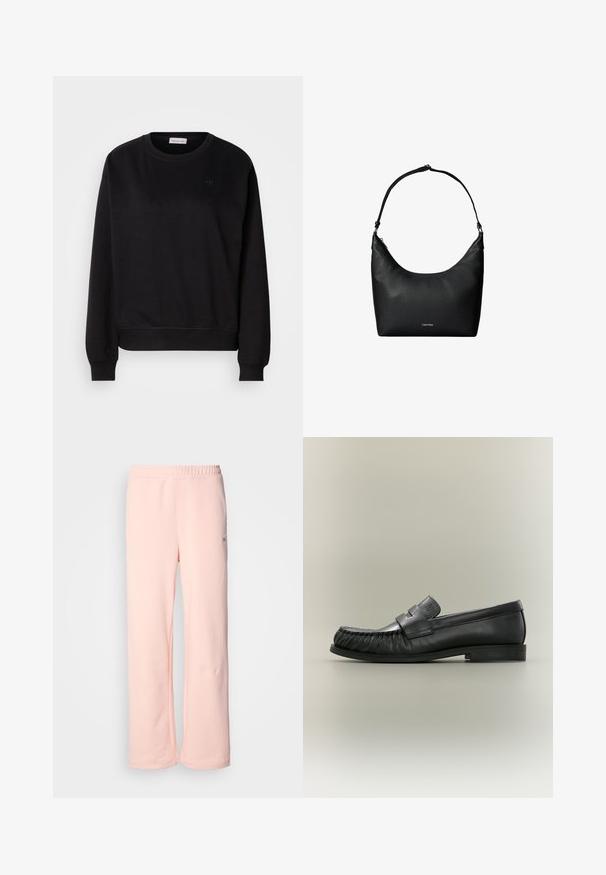 Sudadera negra hecha de material suave, con cuello redondo, puños acanalados y un pequeño logotipo de CK en el pecho. Diseño simple y minimalista.; Pantalones de chándal de algodón rosa con un diseño de pierna ancha, cinturilla elástica y detalles de costura mínimos. Presenta una pequeña etiqueta de logo en el costado.; Mocasín penny de cuero negro con detalle fruncido en la puntera y tacón bajo apilado, visto de lado sobre un fondo neutro.; Bolso de hombro de cuero negro texturizado con una sola correa y un pequeño logo de Calvin Klein en el centro delantero.