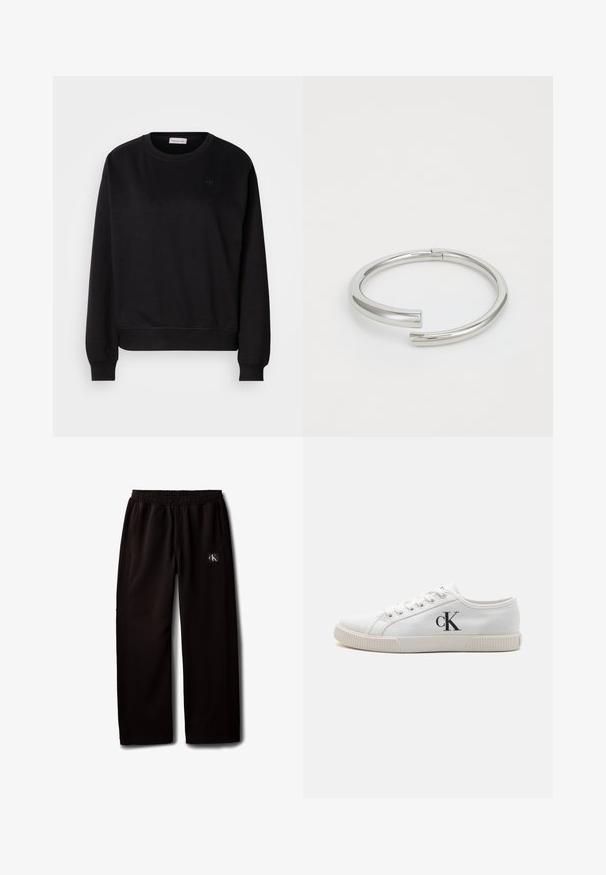 Zwarte sweatshirt gemaakt van zacht materiaal, met een ronde hals, ribgebreide manchetten en een klein CK-logo op de borst. Eenvoudig, minimalistisch ontwerp.; Zwarte wijde broek met elastische tailleband en zijzakken, met een klein Calvin Klein logo-patch op de rechterdij.; Witte canvas sneakers met een low-top ontwerp, voorzien van een rubberen zool en een zwart "CK" logo aan de zijkant. Zes veterogen met witte veters.; Calvin Klein SPIRAL - Armband - silver-coloured