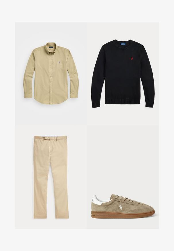 Musta pitkähihaisen pyöreäkauluksen neulepusero, jossa resorit hihansuissa ja helmassa, rinnassa pieni punainen Polo Ralph Lauren -logo.; Vaaleanbeige nappikauluspaita, pitkät hihat, puuvillamateriaali, klassinen kaulus, rintataskussa pieni tummansininen logo, suora helma.; Beiget suorat housut, joissa vyölenkit ja vetoketjullinen etuväljyys, asetettuna tasaisesti valkoista taustaa vasten.; Suede lenkkarit vaaleanruskeana, joissa on valkoisia yksityiskohtia, pyöreä kärki ja nauhakiinnitys. Varustettu kohokuvioidulla logolla ja kumipohjalla pidon parantamiseksi.
