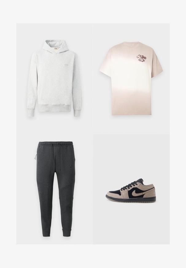 Svetlosivá mikina s kapucňou vyrobená z mäkkého materiálu, s klasickým dizajnom, prednou vreckovou kapsou a rebrovanými manžetami. Malé logo na hrudi.; Tričko Nike v odtieni béžovej po krémovú, krátke rukávy, okrúhly výstrih, obsahuje malé hnedé logo na ľavej hornej strane hrudníka. Mäkký bavlnený materiál.; Tmavošedé jogger nohavice Nike s pásom na šnúrku, zipsovou bočnou vreckom, zúženými nohavicami a rebrovanými manžetami na bielom pozadí.; Nízke tenisky s béžovými a čiernymi koženými panelmi, čiernymi šnúrkami a gumovou podrážkou, zobrazené z profilu na bielom pozadí.