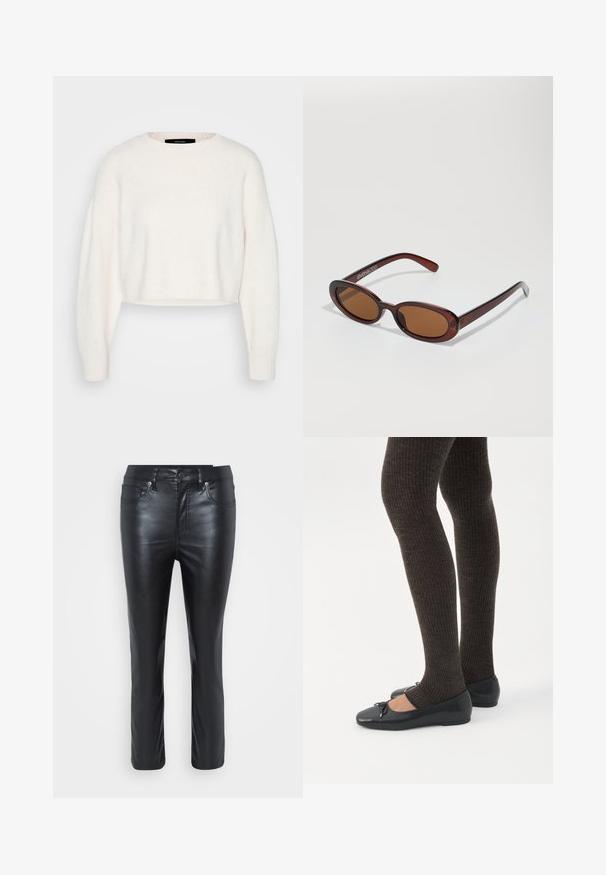 Valge lühendatud sviiter, mis on valmistatud pehmest materjalist, ümmarguse kaeluse ja pikkade, veidi üle suuruse käistega, millel on soonikkoes ääred.; Mustad nahkpüksid, mis on slim fit, esipocketid, nööbiga sulgemine ja kerge läikega. Jalgade lõige on sirge ning on detailitud õmblustega.; Jalad seljas tumedad soonelises soonelises kombines mustade baleriinadega, millel on väikesed paelade detailid valgel taustal.; Ümar, pruunikased päikeseprillid läikiva burgundia raami ja peente kaubamärgi detailidega. Peened sangad ja lame läätsedesain.