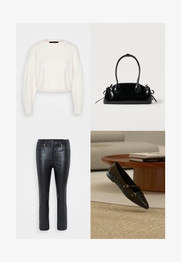 Witte cropped sweater gemaakt van zacht materiaal, met een ronde halslijn en lange, licht oversized mouwen met ribgebreide manchetten.; Zwarte leren broek met een slim fit, voorzien van voorzakken, een knoopsluiting en een lichte glans. De pijpen zijn recht gesneden met gestikte details.; Zwarte platte schoen met puntige neus en twee dunne gespspanners die boven een beige tapijt zweven, met een houten salontafel en boeken op de achtergrond.; Kleine zwarte glanzende handtas met twee lange hengsels en zijkant trekkoord details op een effen lichte achtergrond.